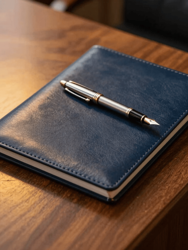 A close-up of a professional mahogany desk in a South American law office, featuring a silver fountain pen and a high-quality leather document folder. Sharp focus, golden yellow and dark navy blue lighting accents.