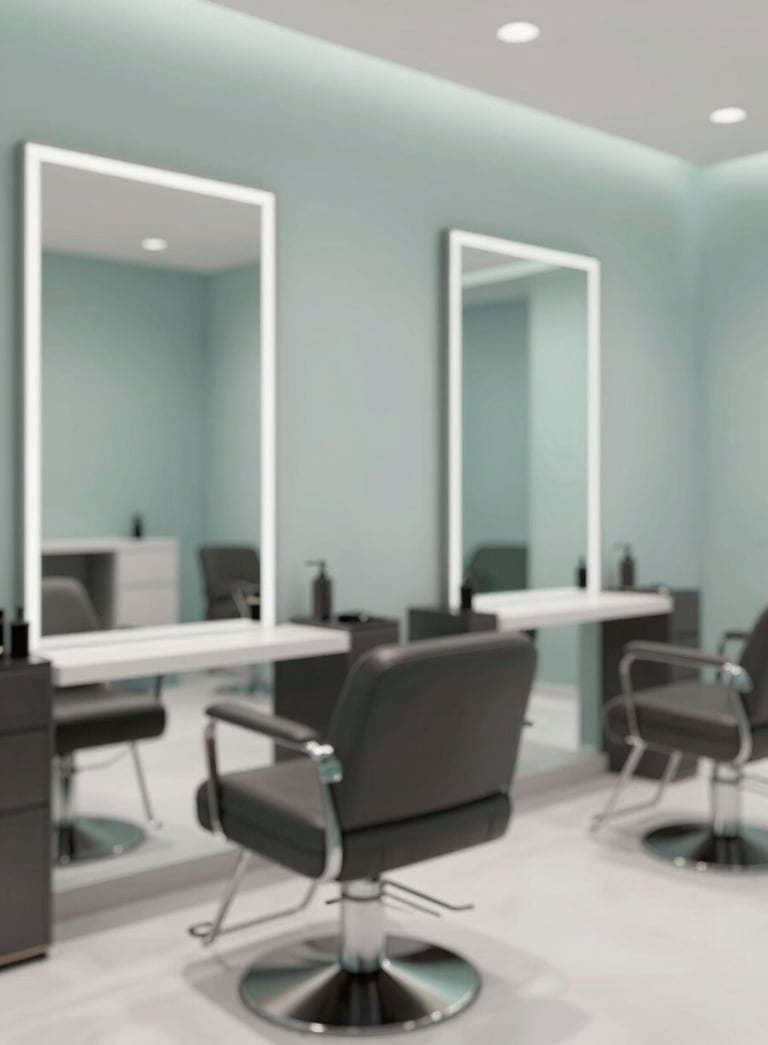 A sophisticated, high-end hair salon interior with modern chairs and large mirrors. The atmosphere is tranquil and professional, with a color palette dominated by soft teals and mist grays (#607D7D, #F5F9F8).