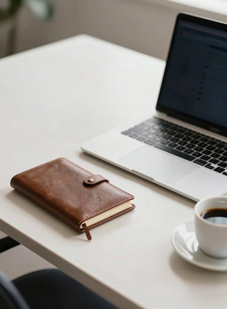 A close-up photograph of a clean, modern desk in a South American / Brazilian corporate setting. A sleek laptop, a leather notebook, and a coffee cup sit on the desk. The lighting is bright and professional with Soft Off-white and Dark Navy tones.