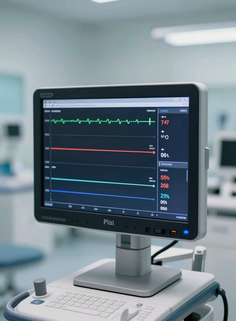 A high-end, modern medical monitor displaying vital signs, set against a blurred clinic background with a clean and professional dark navy and soft blue color palette.