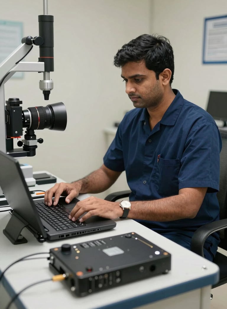 A professional South Asian / Indian technician in a clean, navy blue uniform working at a high-tech diagnostic station with various laptop parts organized neatly.