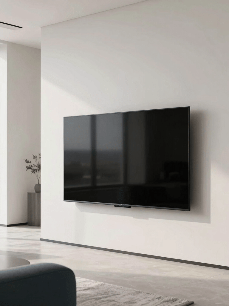 Photography of a sleek, modern television mounted on a clean Off-White wall in a luxurious Middle Eastern / Gulf living room. Natural light coming through large windows, minimalist Slate Blue furniture accents.