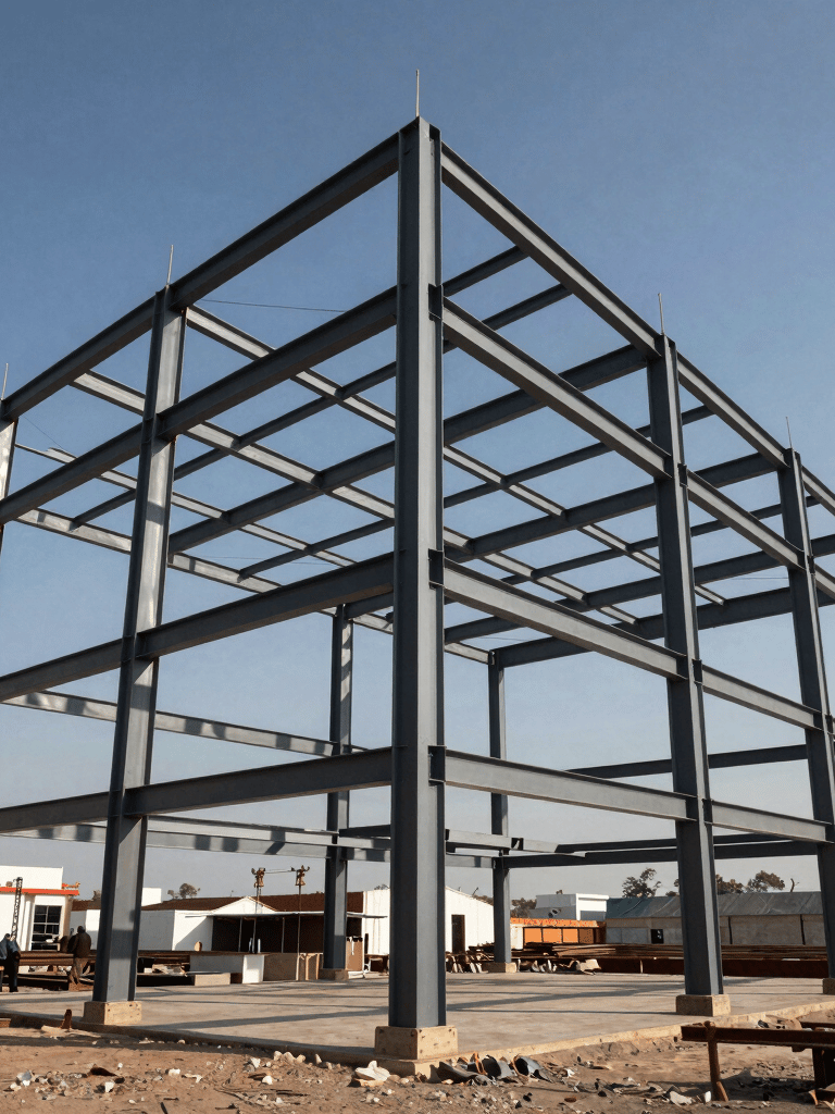 Professional wide shot of a structural steel framework being assembled for a corporate building in Mexico. Sunlight filters through the beams, creating technical shadows. High-end architectural photography, blue sky background.