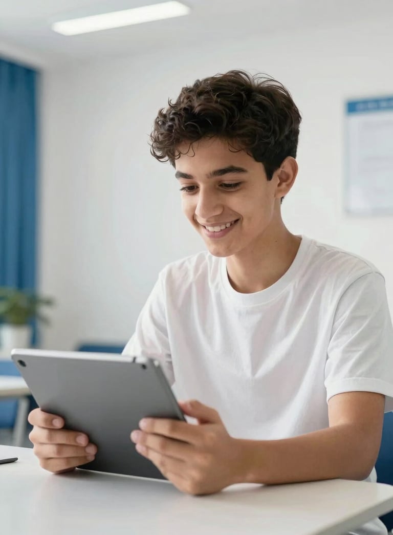 A bright photography shot of a young Middle Eastern student smiling while using a tablet in a modern, sunlit room with clean white walls and blue accents. The atmosphere is inviting and tech-focused, showing a positive educational experience.