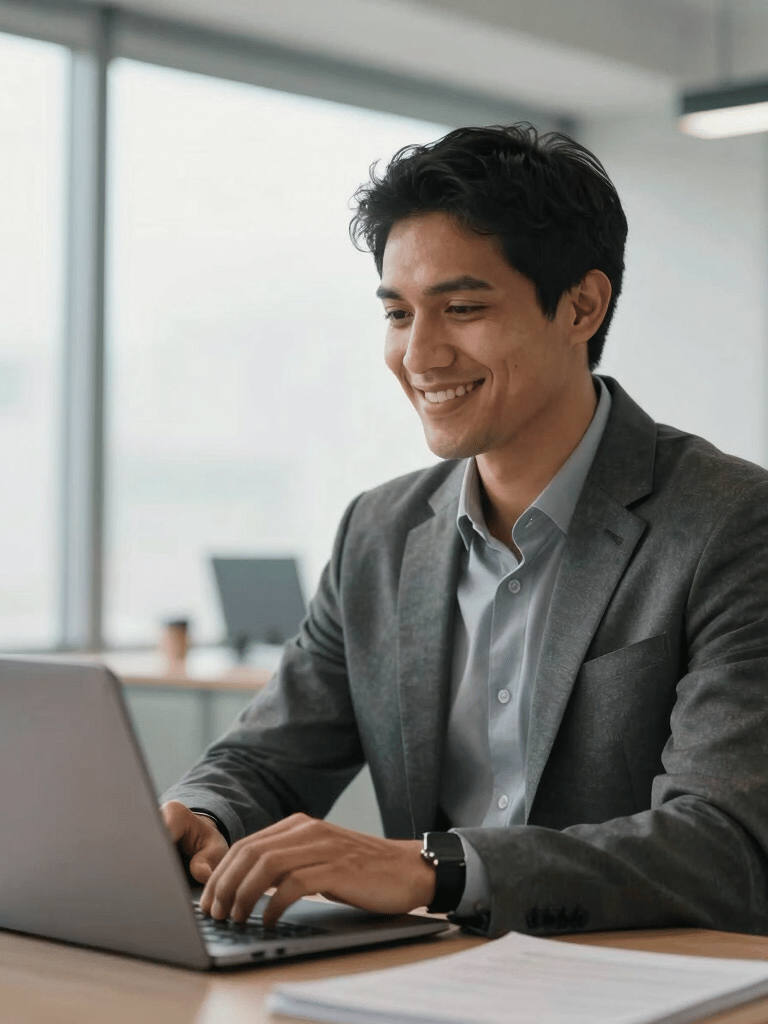 A professional South American individual smiling confidently while working on a laptop in a bright, modern office with soft daylight and clean lines, medium shot.