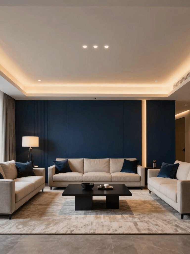 A high-end modern living room in a North American / US home with clean lines, dark blue accents, and warm golden lighting. The composition is minimalist and sophisticated, shot from a professional architectural photography perspective.