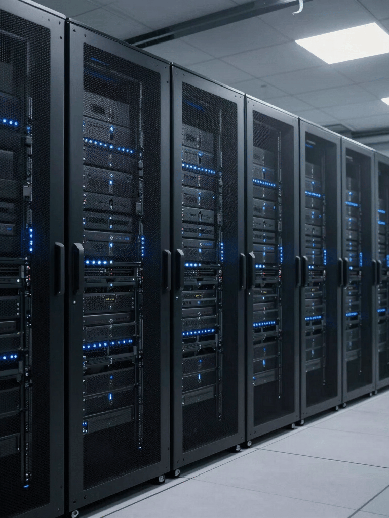 A wide-angle professional photograph of a modern server room in a North American tech hub, featuring rows of black server racks with soft blue glowing lights.