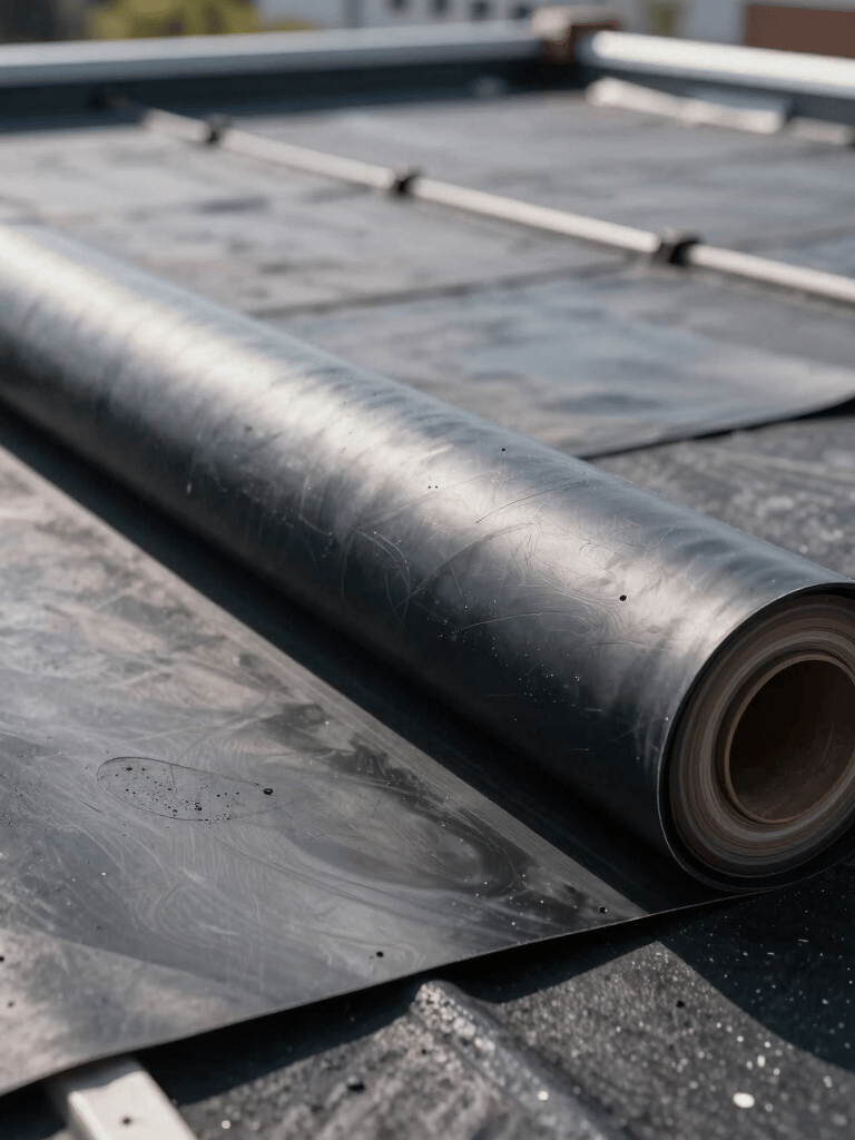 Professional close-up of high-quality black EPDM rubber roofing material being unrolled on a large flat industrial roof, North American setting, daytime lighting.