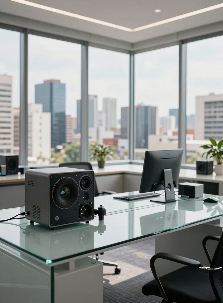 An executive office in South America with a panoramic view of a modern cityscape, featuring clean lines, glass tables, and sophisticated technological hardware, natural bright light.