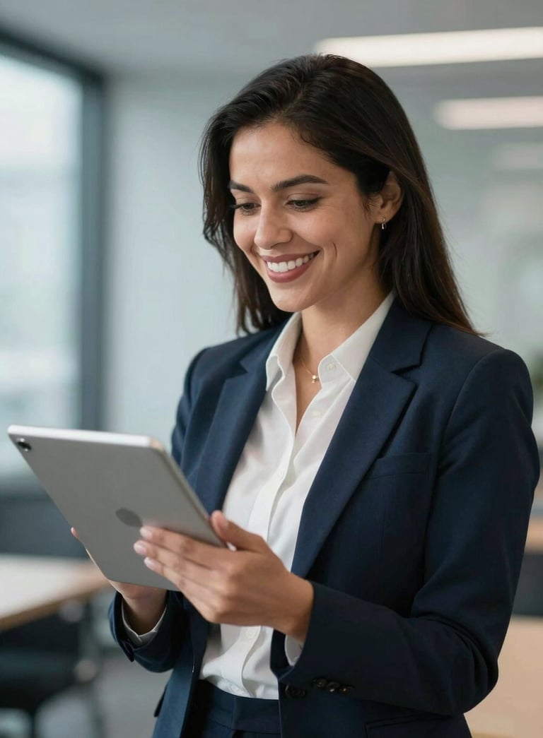 A professional Latin American woman in a modern business environment smiling confidently while looking at a tablet, soft focus background, medium blue and light blue accents.