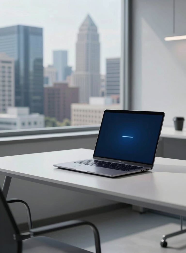 Professional photography of a high-tech North American workspace with a minimalist desk, high-end laptop, and a view of a modern city skyline through the window, innovative and results-driven mood, blue and light gray accents.