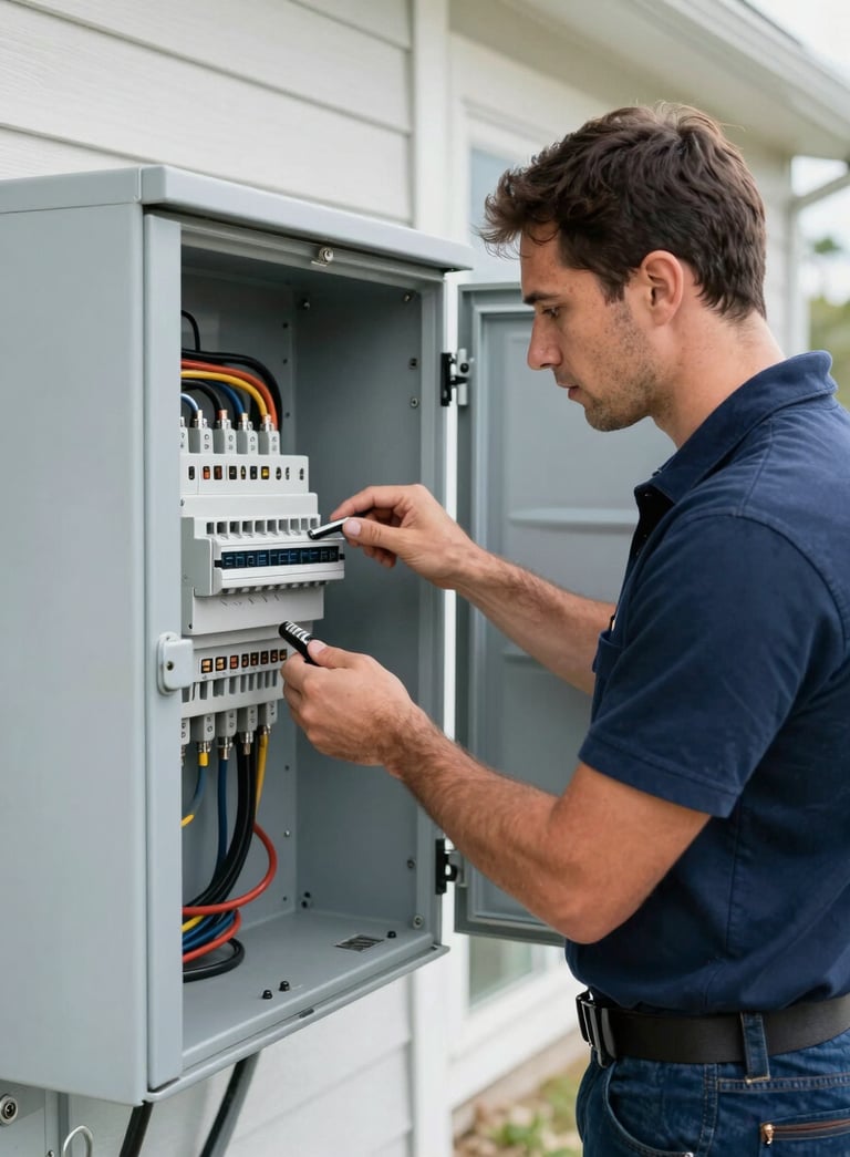 Photography of a professional electrician inspecting an open electrical panel in a modern residential garage in the North American Gulf Coast, focused and reliable expression, lighting is natural and clear, colors feature dark navy and steel blue.
