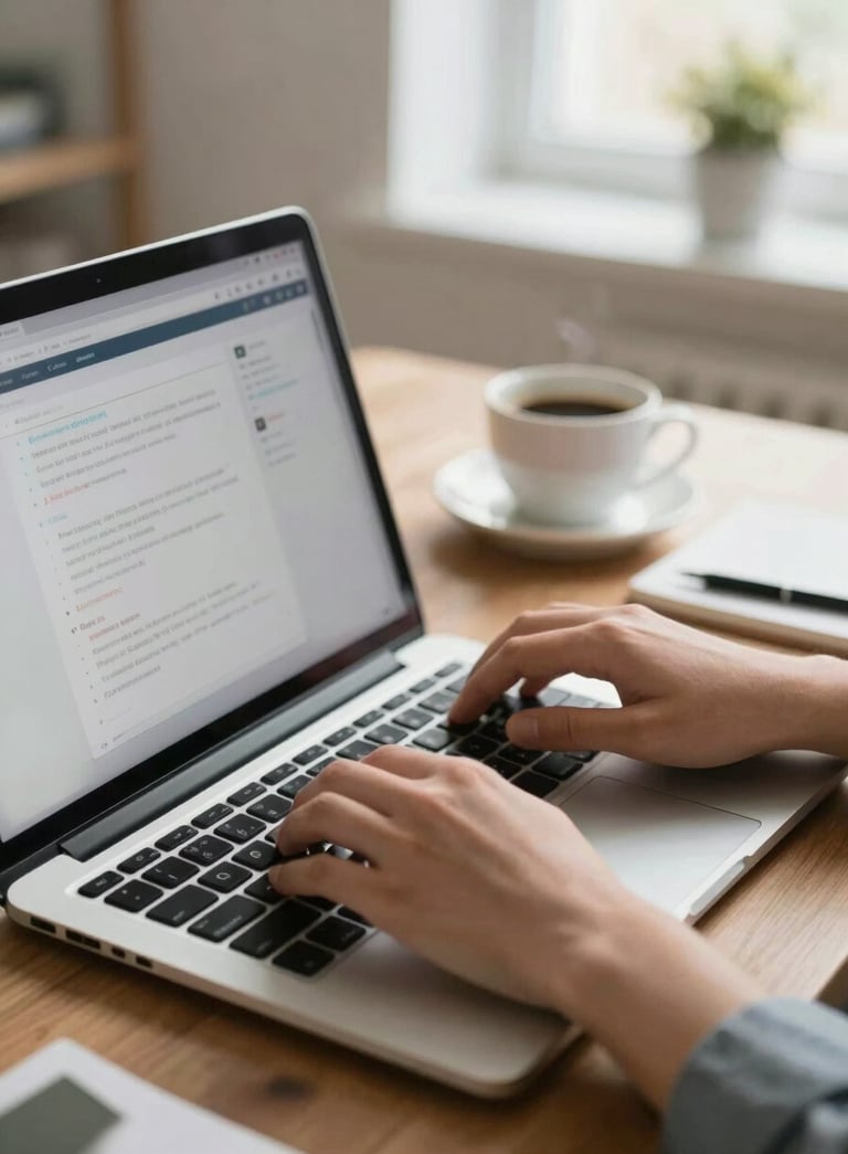 A close-up, high-quality photograph of a professional's hands typing on a sleek laptop in a bright North American home office. The composition is focused on the interface, with a soft-focus background showing a cup of coffee and a organized desk. The scene is bathed in inviting, professional morning light.