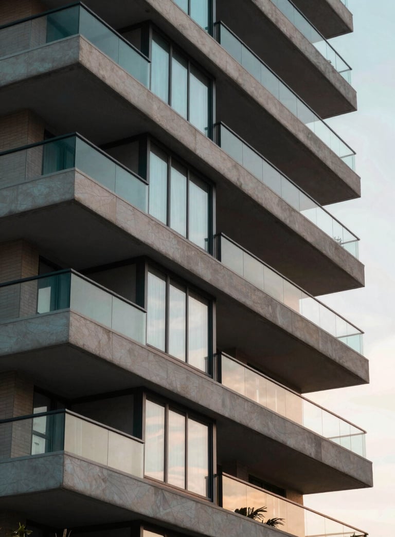 Modern architectural detail of a high-end Brazilian apartment building balcony, clean lines, sunset lighting reflecting on glass, sophisticated real estate photography with deep teal and beige tones.