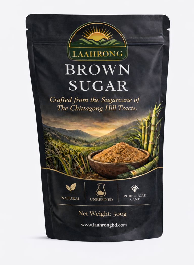 Laahrong brown sugar powder in premium black pouch, natural unrefined sugar from Chittagong Hill Tra
