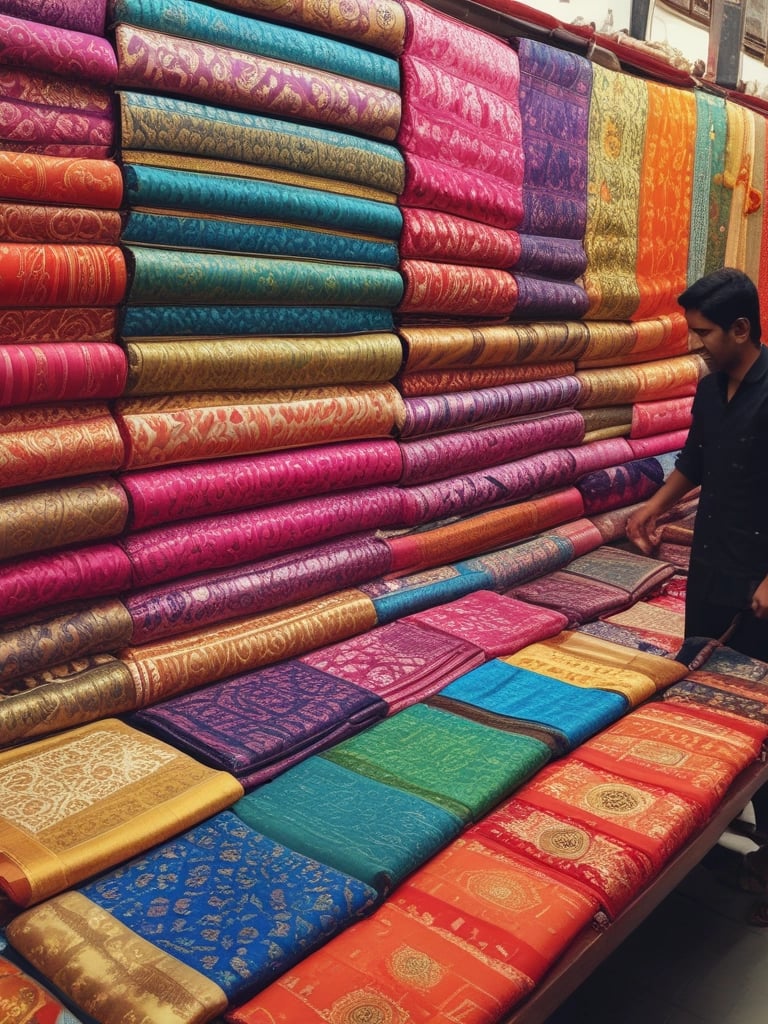 A vibrant collection of colorful Banarasi sarees hanging in a sunlit boutique, showcasing their detailed patterns.