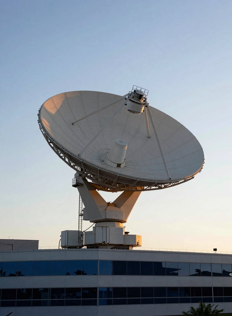 A professional wide shot of a large satellite dish array installed on a modern office roof in Maputo, Mozambique, during the golden hour, with a clear sky, highlighting the precision and technology of telecommunications, featuring Steel Blue and Dark Navy tones.