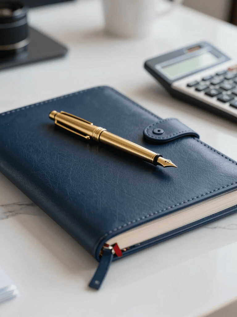 Close-up photography of a dark blue leather-bound business planner, a gold fountain pen, and a modern calculator on a bright white marble desk in a South American / Brazilian corporate setting.