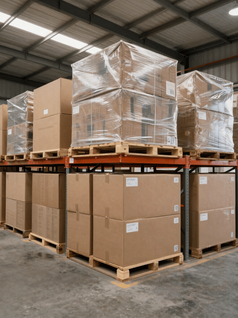 A sturdy pallet wrapped with heavy-duty industrial packing materials in a warehouse setting