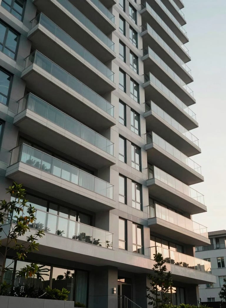 A sharp, low-angle photograph of a modern, multi-story apartment building in North America / US with clean lines, glass balconies, and professional landscaping.