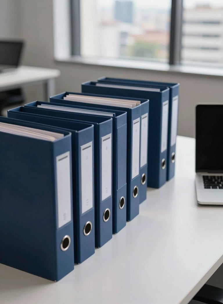A professional desk setting in a modern Brazilian office, showcasing organized dark blue folders and a minimalist laptop on a white surface, with soft morning light and a view of a clean cityscape in the background.