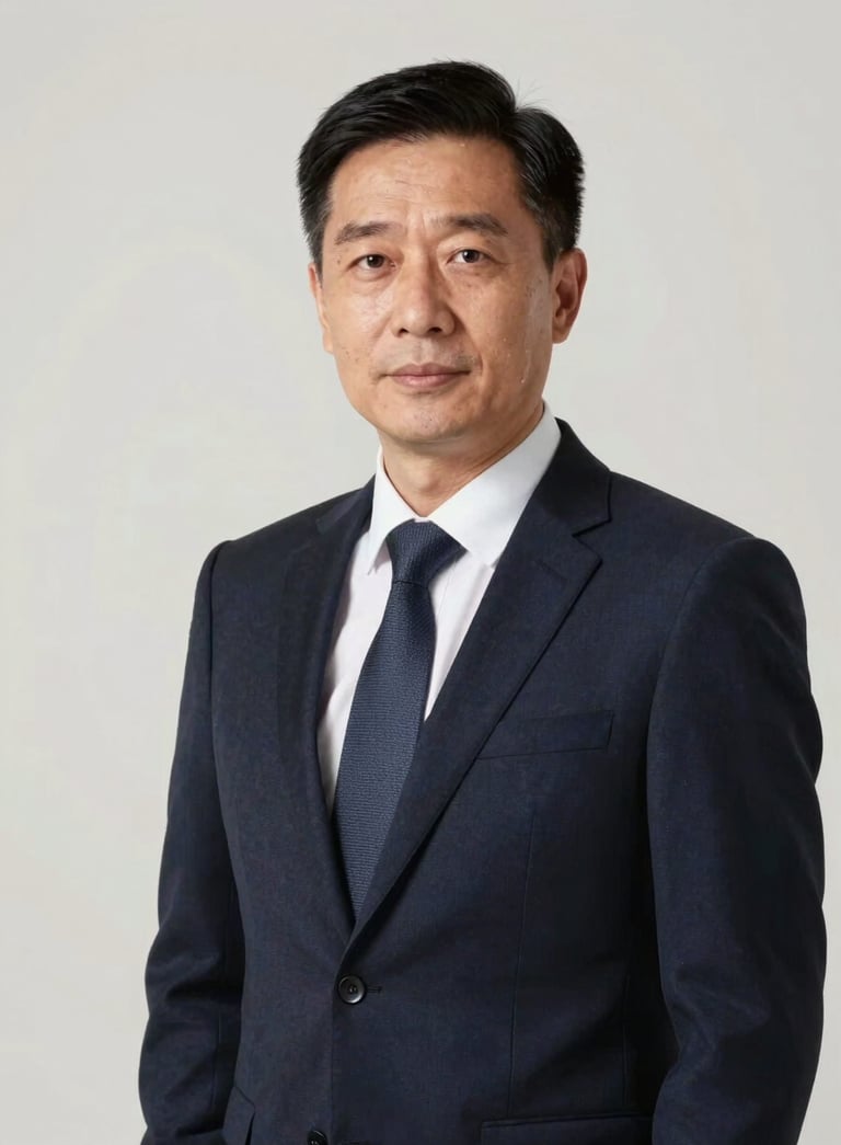 A professional portrait of a financial consultant in a dark navy suit against a clean off-white background, looking trustworthy and experienced.