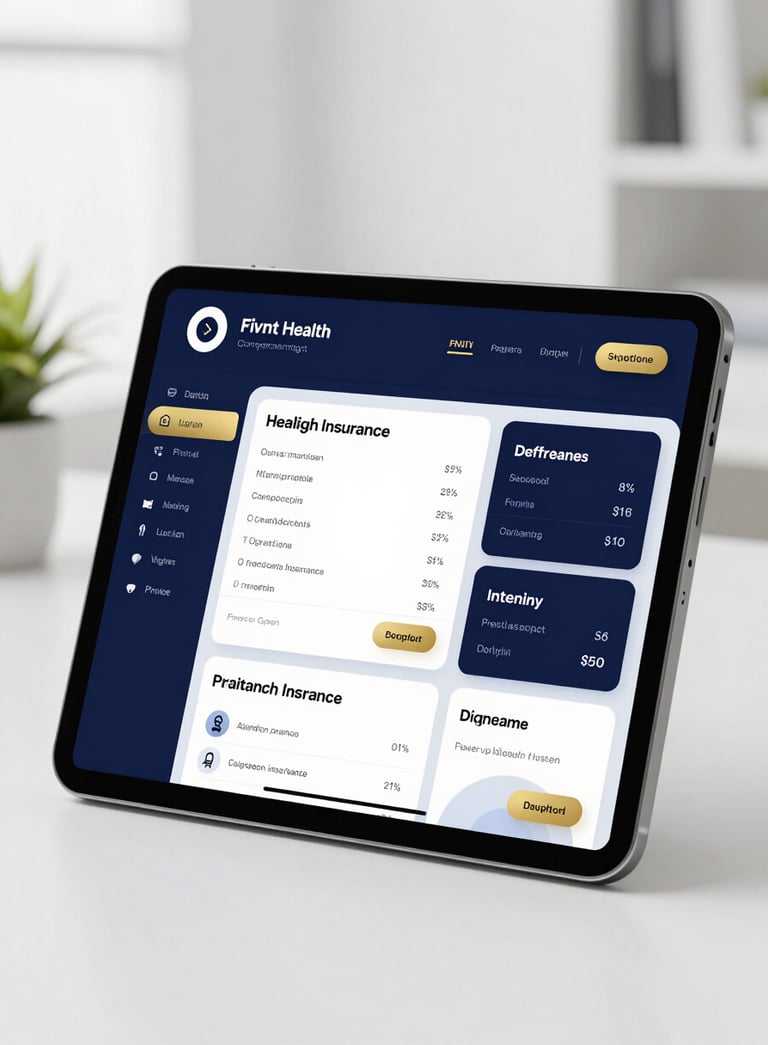 A high-end digital interface displaying a private health insurance comparison dashboard on a sleek tablet. The aesthetic is modern Fintech with deep navy blue and metallic gold accents, professional lighting, and a clean white office background.