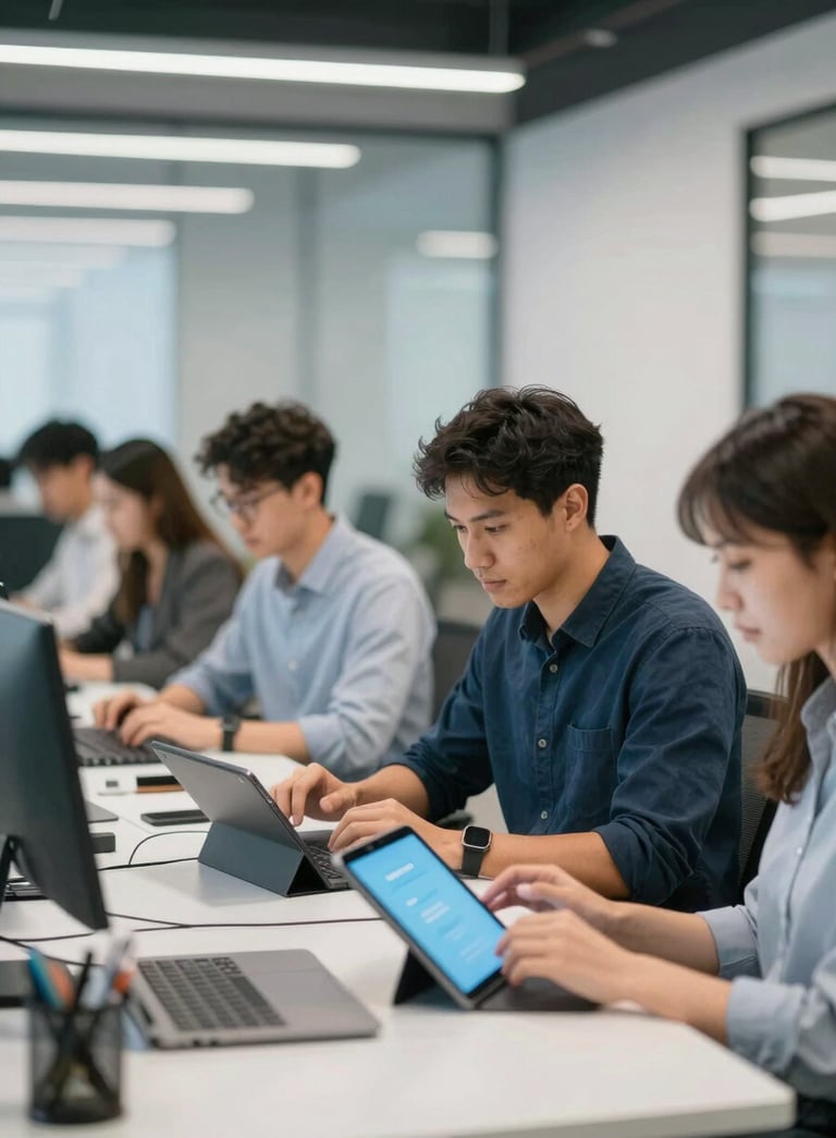 A professional and modern workspace where a diverse team of software engineers works together with tablets and laptops, emphasizing cutting-edge expertise and collaboration, incorporating #3D5A7F and #E8EFF8.