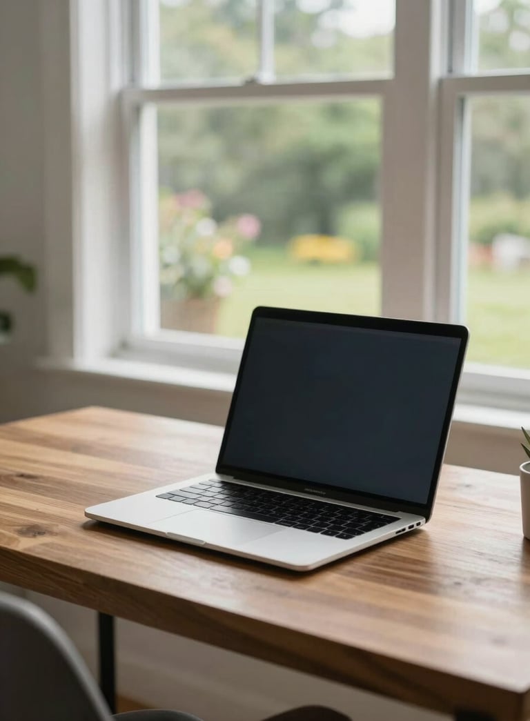 A clean, modern home office setup in North American / US (West Virginia / Virginia), featuring a sleek laptop on a wooden desk with a view of a garden through the window, bright natural lighting, conveying a professional and approachable work environment.