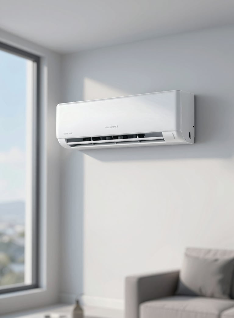 A sleek, modern wall-mounted air conditioning unit in a bright, minimalist living room with large windows, soft blue sky visible outside, reflecting the 'Ideal Climate' concept, using #F6F8FA and #4A6D7C tones.