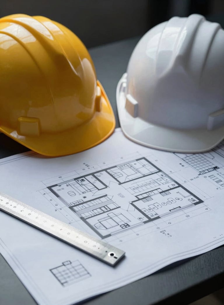A high-end, clean still life of a construction project plan spread across a dark desk. A professional hard hat and a high-precision metal ruler sit on the blueprints. The lighting is focused and dramatic, using the palette #1A202C and #F7FAFC to emphasize a workspace of expert craftsmanship.