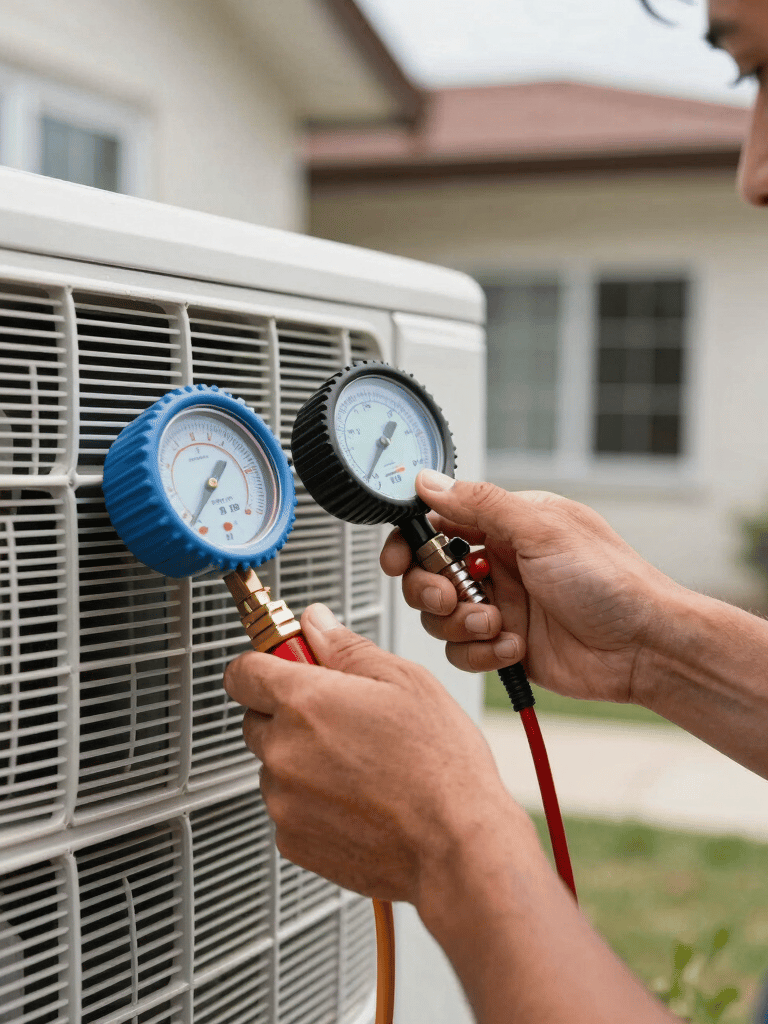 Close-up of a professional HVAC technician's hands using a digital gauge to check a residential air conditioning system. The background is a clean South American home exterior, conveying expertise and trust.