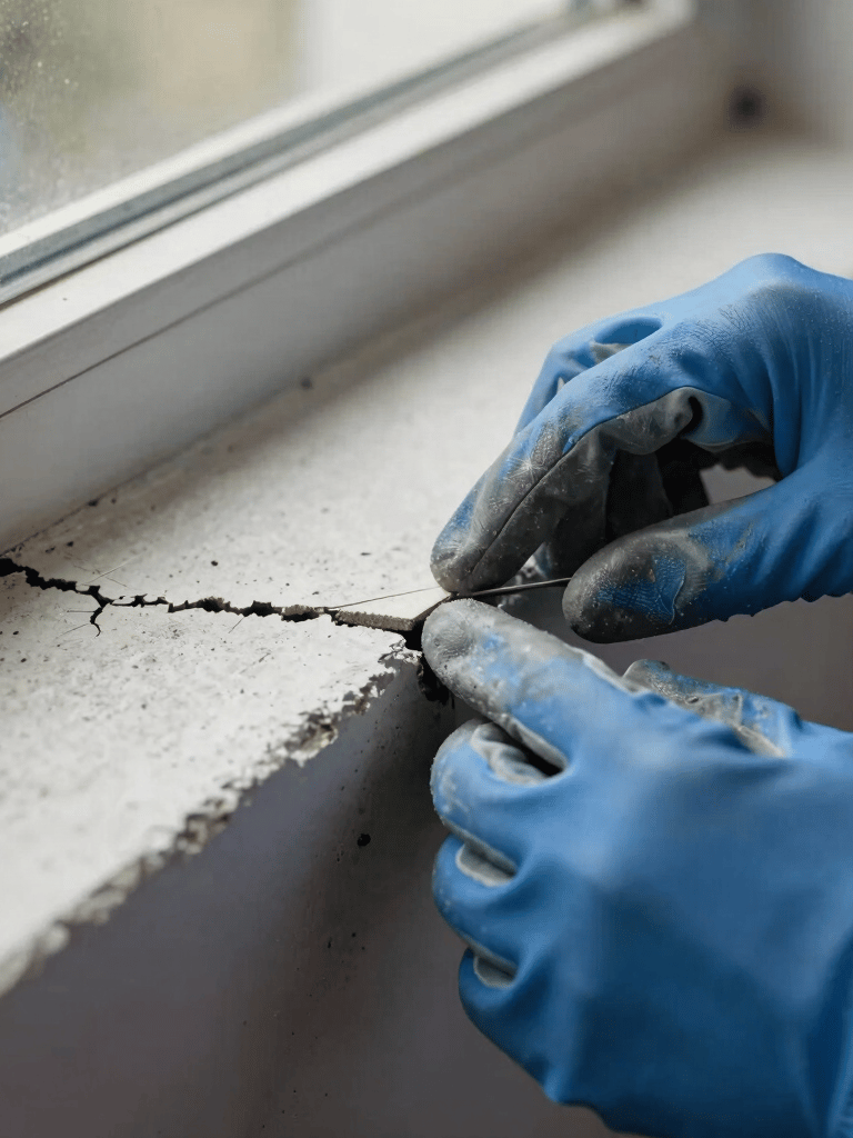 Close-up of a weathered cement window sill with a visible crack being carefully inspected by a professional in North American / Florida. Soft daylight, slate blue work gloves visible.