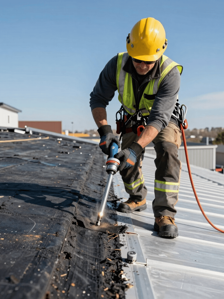 A professional roofer in North American / US safety gear using a torch to install a modified bitumen roofing layer on a large flat roof, bright daylight, steel blue sky.