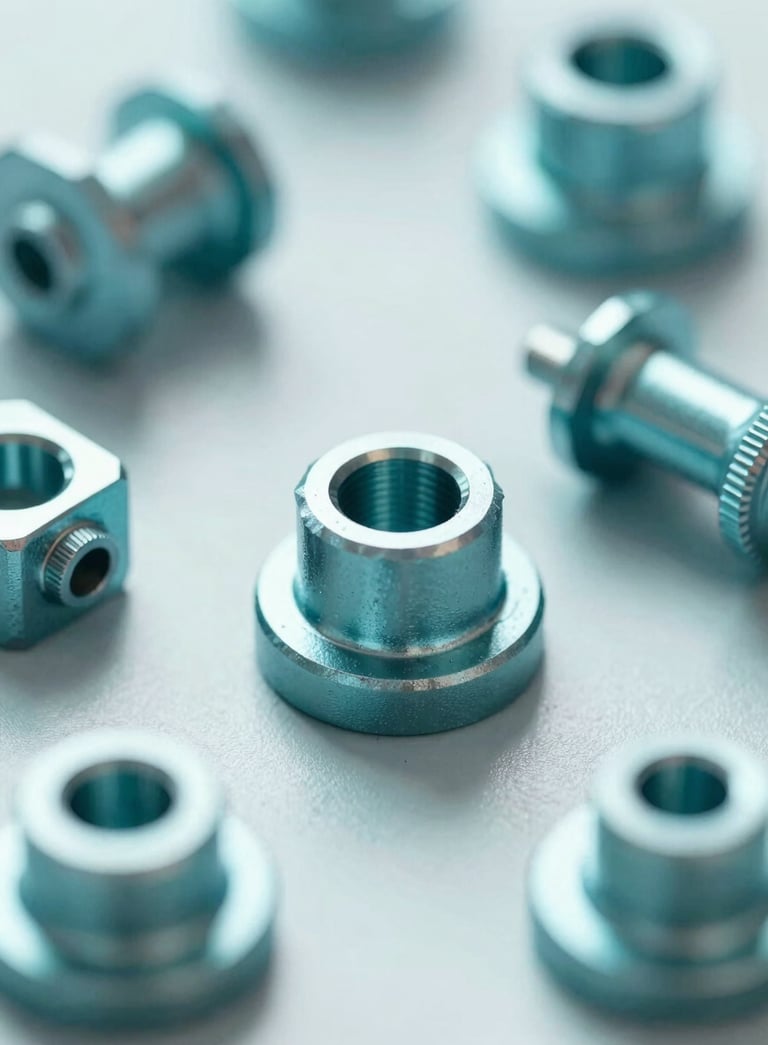 Close-up of industrial steel tools and hardware components arranged artistically, high precision, metallic shine with #A8DADC teal accents, professional photography.