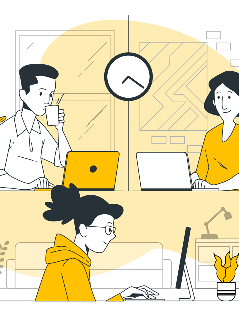 A man and two woman sit at their separate desks, with a clock above them as they work on their pcs