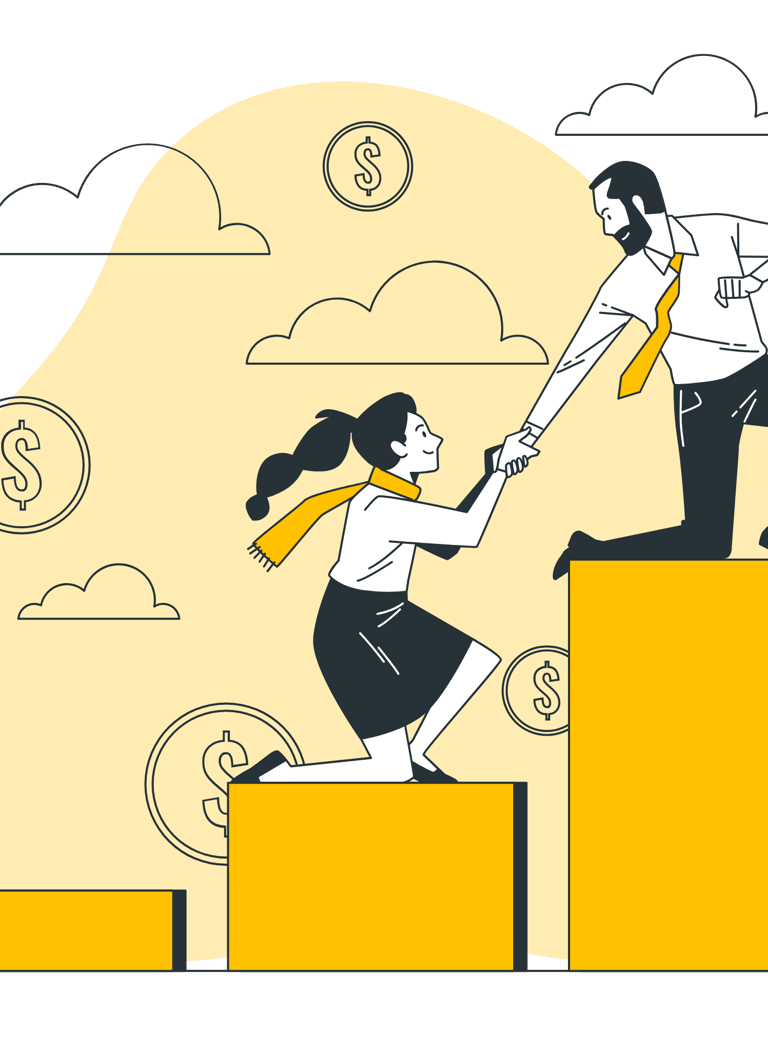 Dollar signs are in the background as a man helps pull a woman up on a pedestal, as they climb