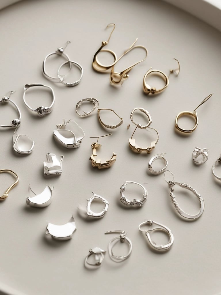 A close-up of elegant jewelry pieces, including a delicate gold chain with small pearls and a pair of ornate cufflinks set on a reflective gold surface. The background features intricate patterns that enhance the luxurious feel.