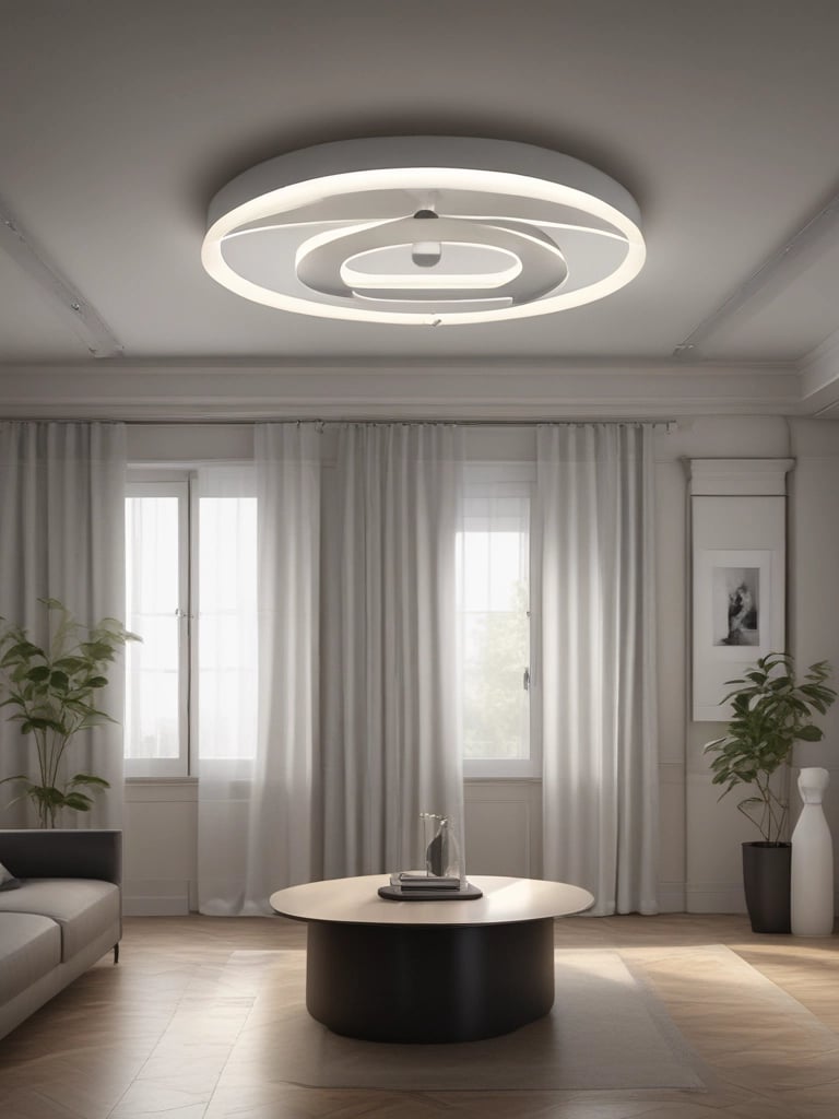 A store is filled with a variety of lighting fixtures such as chandeliers and lamps, which are displayed hanging from the ceiling. Numerous boxes and packages, likely containing electronic or lighting equipment, are neatly stacked on shelves and counters. Two people are visible in the image, surrounded by the merchandise. A potted plant and other miscellaneous items add to the cluttered yet organized feel of the space.