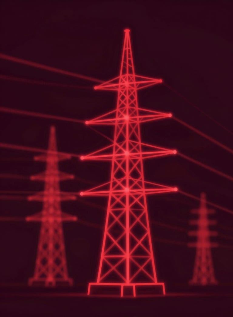 A high-end, abstract graphic of a power grid blueprint overlaid with glowing crimson lines (#B85C66) against a dark burgundy background (#260B0E). The composition is clean and minimalist, representing innovative engineering design and authoritative precision.