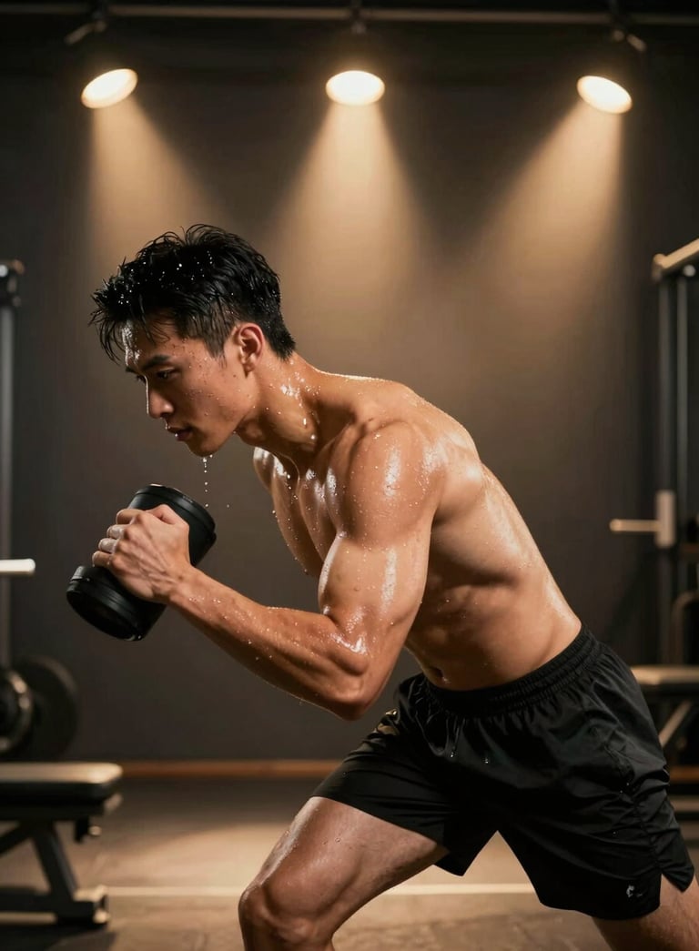 A high-action photograph of an athlete mid-workout, sweat glistening under warm muted gold spotlights in a sophisticated jet black studio.