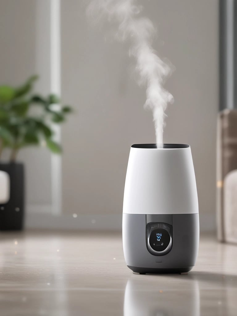 A humidifier or diffuser emitting a visible stream of vapor is placed on a surface, with a dark background that highlights the contrast of the mist. The light from a window or opening casts a subtle glow.