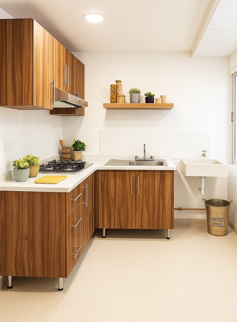 Cocina integral de departamento muestra con gabinetes de madera, estufa, tarja de acero inoxidable