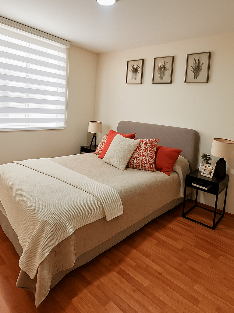 Recámara principal de departamento muestra en La Viga, CDMX