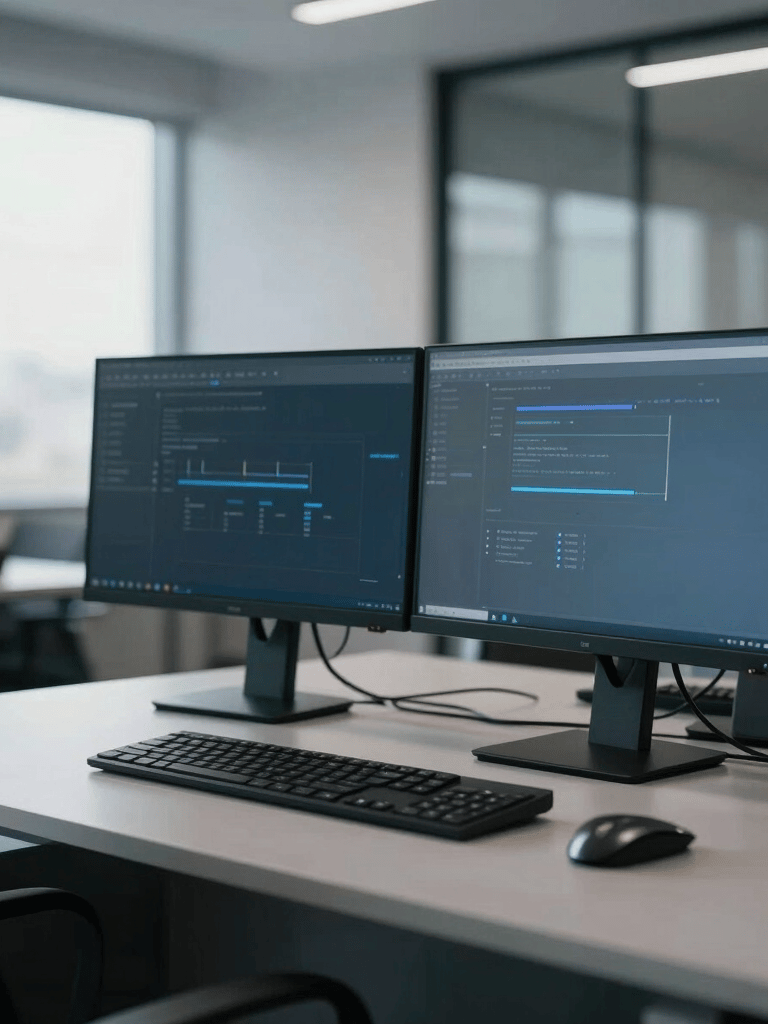 Modern Australian corporate office setting, clean desk with dual monitors, professional atmosphere, soft morning light, slate grey and blue tones.