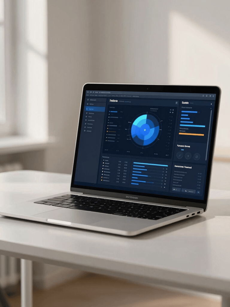A sleek, modern laptop screen showing a security dashboard, soft morning light in a minimalist Tallinn home office, professional atmosphere with steel blue and off-white tones, Northern European style.