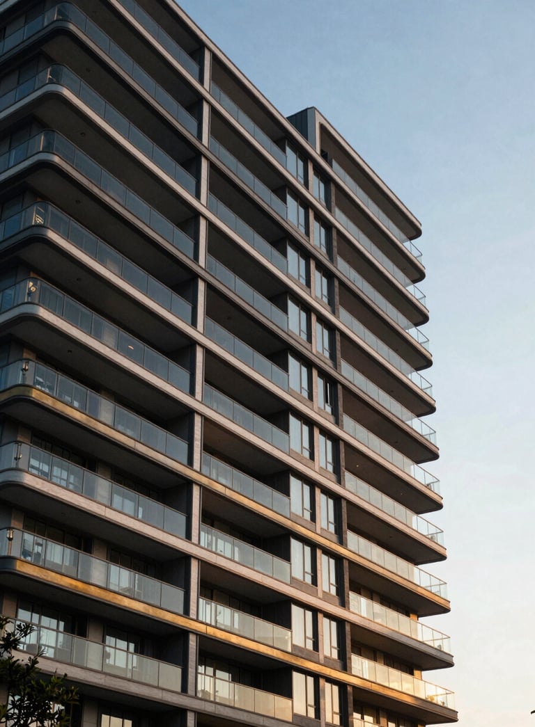 Modern architecture photography of a premium residential building in Brazil. Wide angle shot focusing on glass balconies and elegant dark blue and golden accents during the golden hour.
