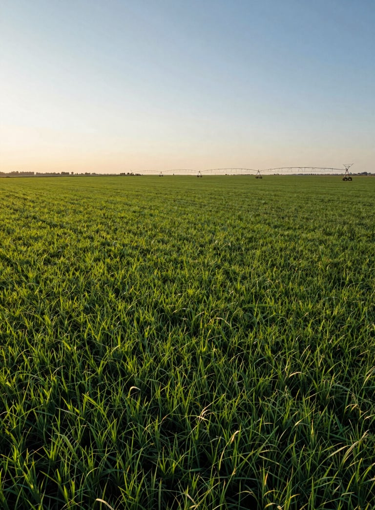 A sweeping, professional landscape photograph of vast, vibrant green farmland during golden hour, shot from a low angle to emphasize scale. Global / International setting with modern irrigation systems visible in the distance. The lighting is warm and clear, featuring shades of dark green and light green.