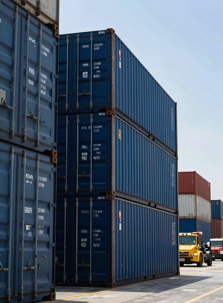 Large shipping containers and logistics equipment at a modern Egyptian port, symbolizing global export reach. High-contrast photography with Dark Navy and Deep Ocean Blue elements under a bright sky.