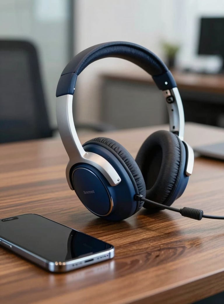 Close-up of a high-end professional headset on a mahogany desk next to a modern smartphone, blurred South American office background, sleek and efficient feel, deep navy blue and platinum color palette.